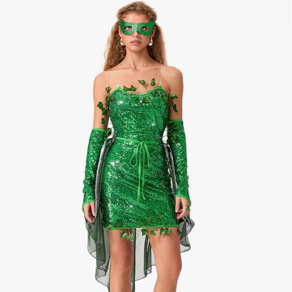 Women Halloween Deluxe Green Ivy Cosplay Costume Poison Ivy Dress - Size M